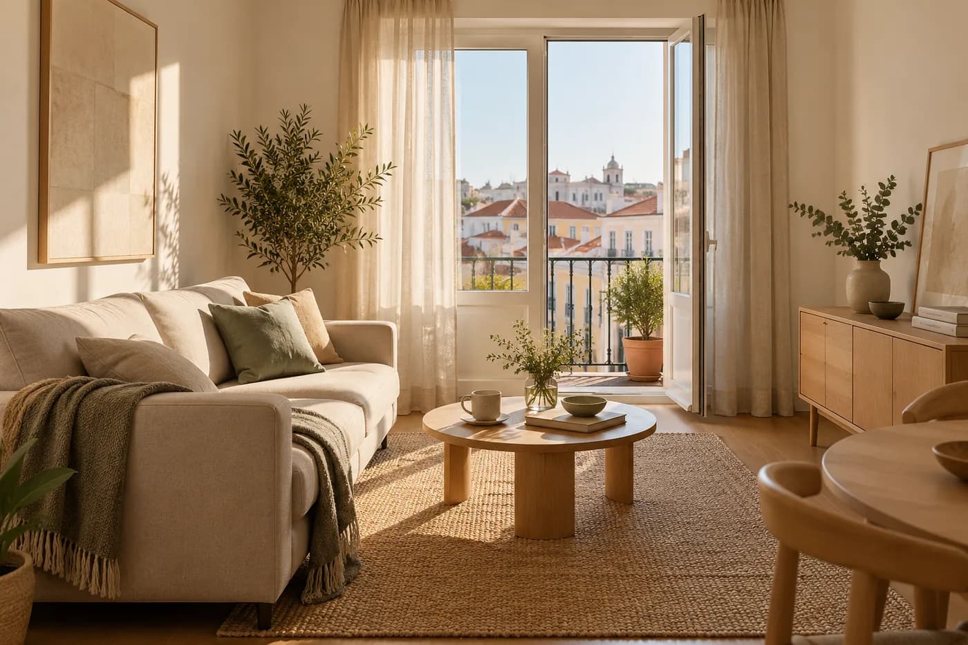 Ilustração de uma sala compacta e vivida, com luz natural, sofá de tecido e mobiliário em madeira.
