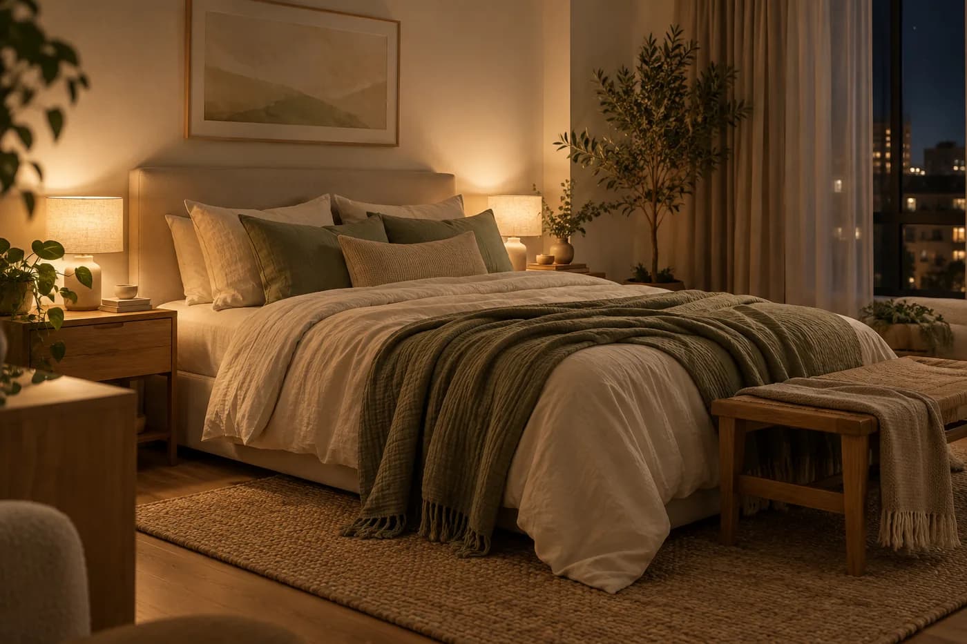 Ilustração de um quarto tranquilo, com roupa de cama de linho e luz de cabeceira.