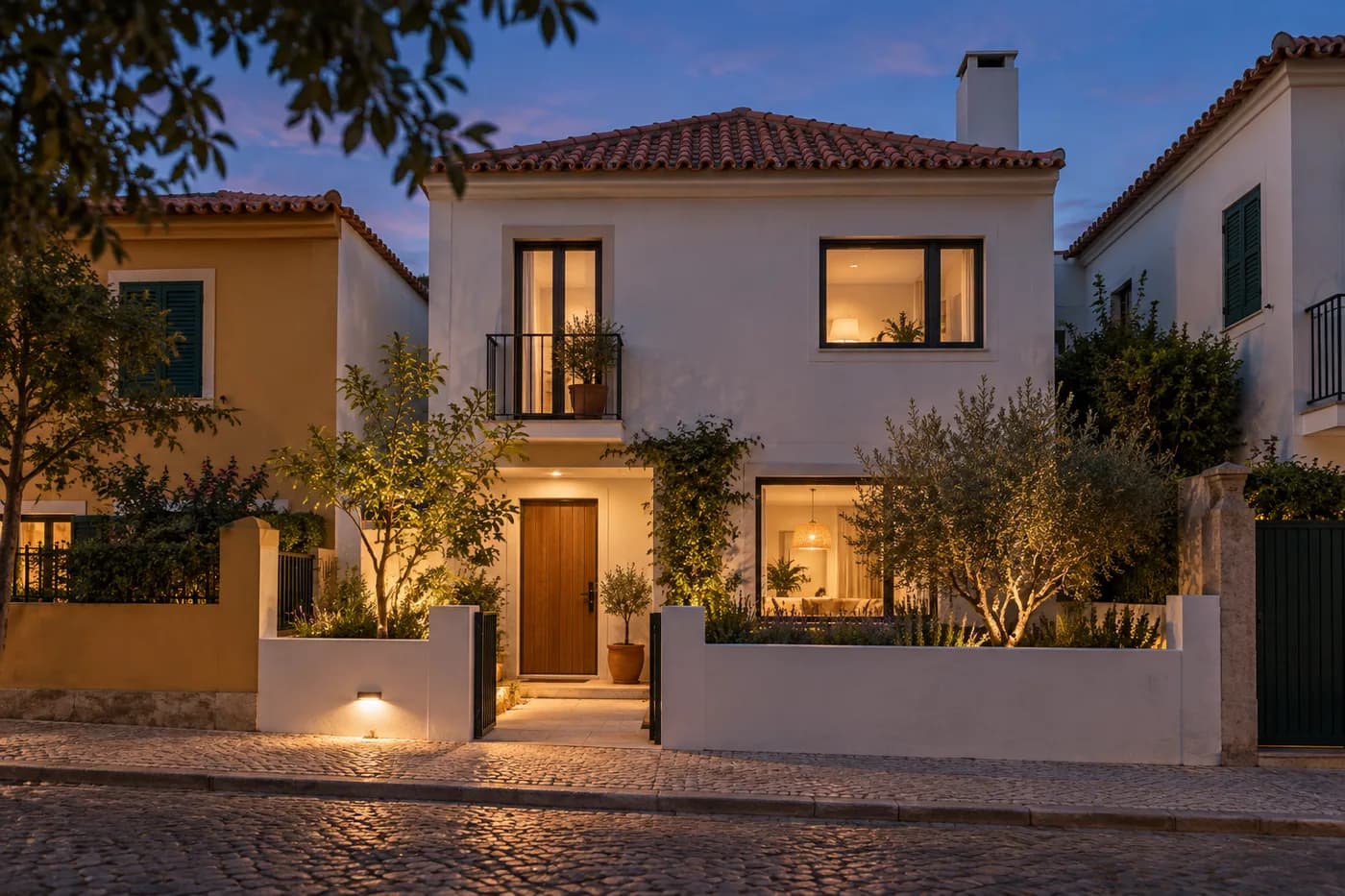 Casa numa rua portuguesa ao anoitecer.